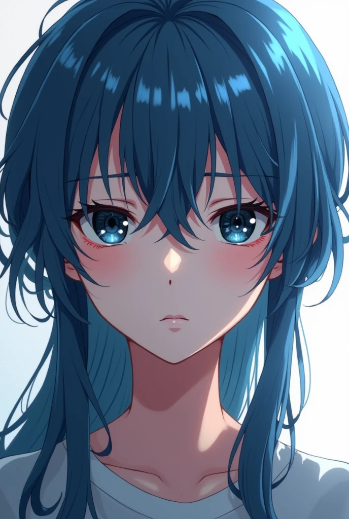 A handsome boy,Like something out of anime,She has long blue hair,The black pupils seem to see everything in the world clearly