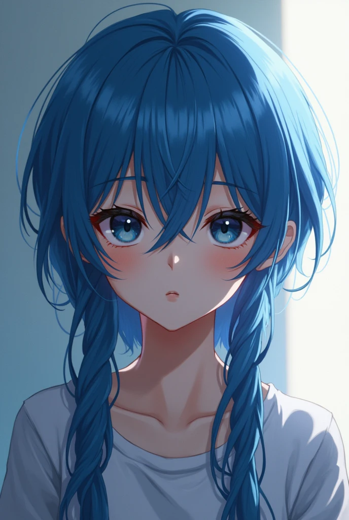 A handsome boy,Like something out of anime,She has long blue hair,The black pupils seem to see everything in the world clearly
