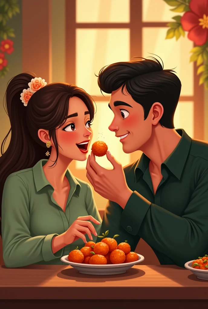Create a couple picture in which the girl girl is feeding her husband Manchurian balls happily in a restaurant. the boy is strong looking boy with buff chest n shoulder, he is opening mouth l. The wife has tied her coffee brown long hair till her mid waist in pony with flower clip. Wearing a like light green frok. Him wearing dark green shirt,he has treamed with nice combed hair .
