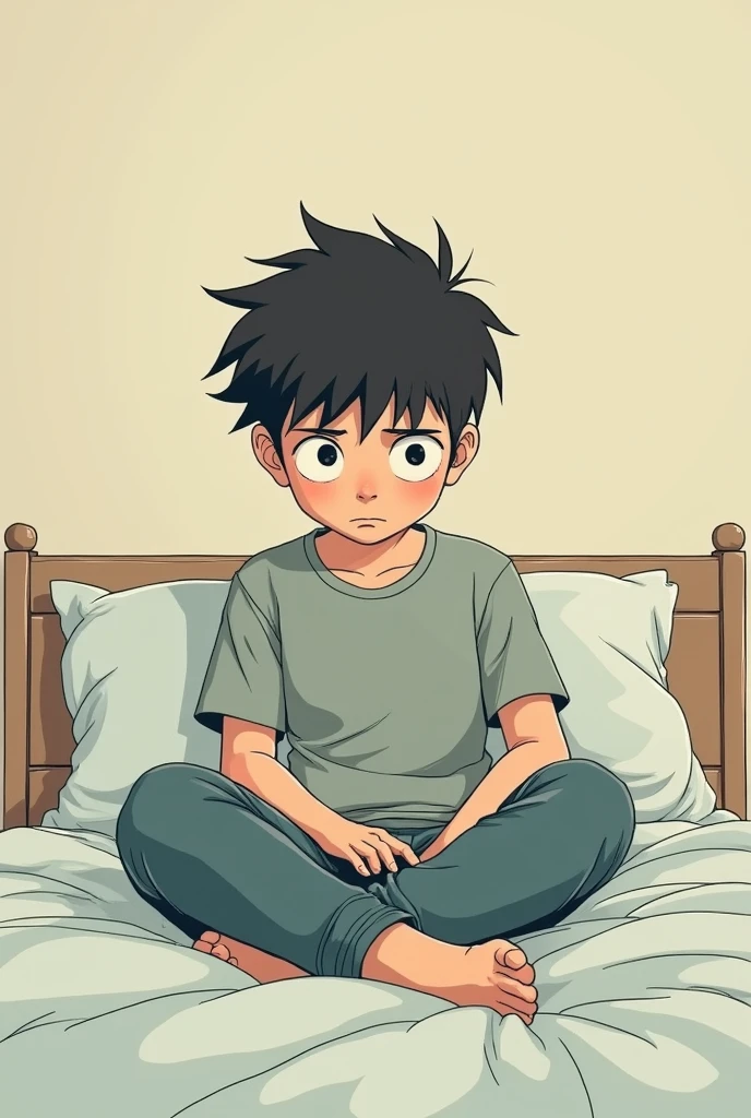 The bored boy gets up from the bed and sits 2D Photo