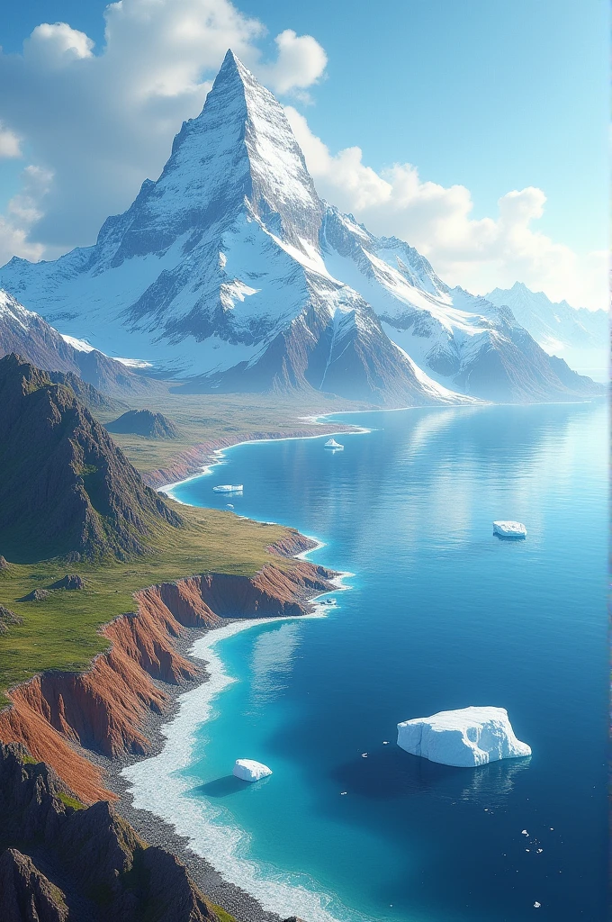 Generate an image of a snow mountain 
Besides a Glacial lake on the right part 
Below that so the organic flow of heat towards left  through the organic belt of soil, below that continental crust, and on the left most part ocea and upper the ocean some icebergs are scattered over there 