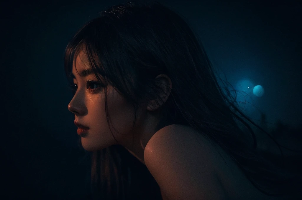 Highest quality masterpiece detailed A very beautiful woman bathed in moonlight on a pitch black night Black World Photo style Real dramatic