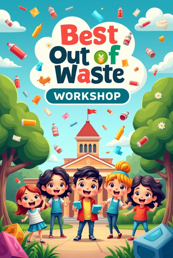 Poster for best out of waste workshop in college with cartoons and waste products like bottles, tissues, paper, cups, paints etc