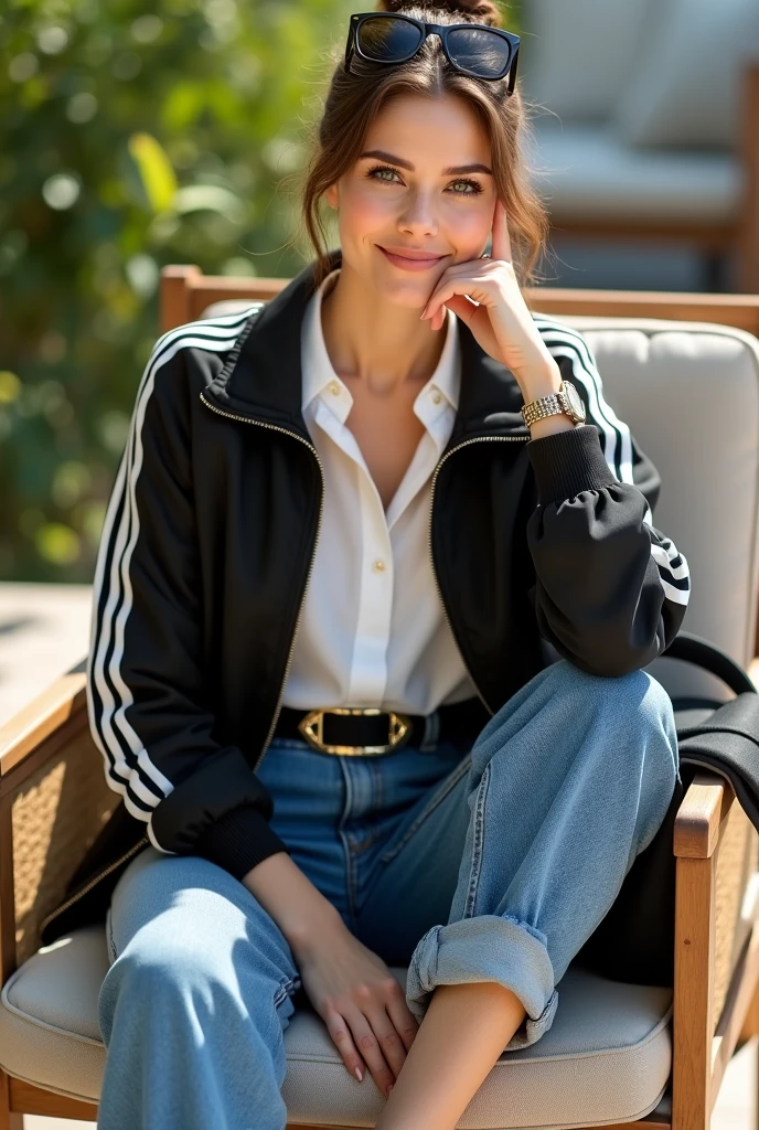 Beautiful caucasian woman, 5'7" tall, top bun medium brown hair, deep green eyes, wearing black zipped up adidas tracksuit jacket, rolled up sleeves, white formal button down blouse, belted wide leg denim pants, happy smile, sitting on a chair outside, high hill sandals, summer sunny day, bag, crossing legs, hand under chin, sun glasses over head, watch and bracelet