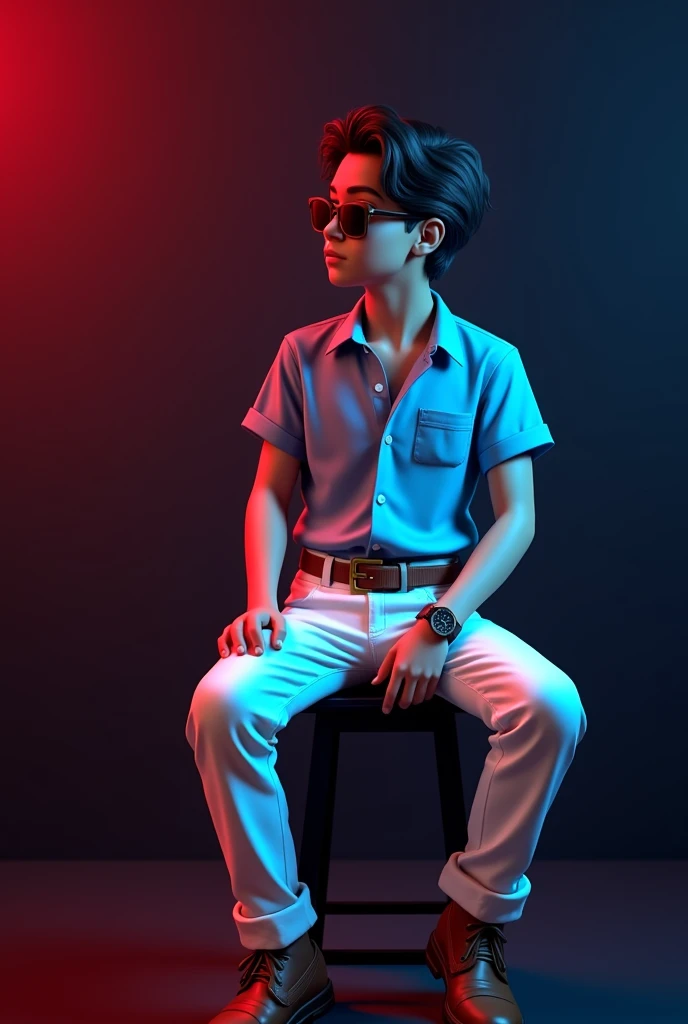 A tan boy with black wave hair wearing sunglasses, sky blue short sleeve less shirt tucked with dark brown belt, white long trousers and old watch on it and dark brown loafers sitting on black stool and black background red and blue light on it the boy turning right side and seeing right side