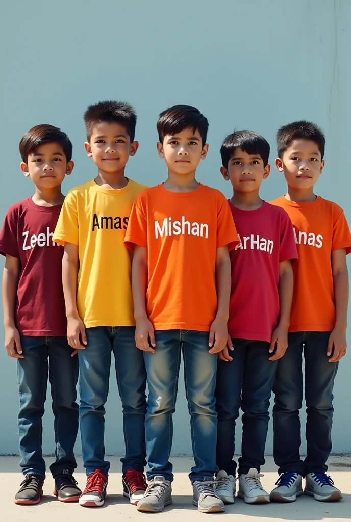 There are five boys and all five are wearing different colored clothes and the name of the first is Aman and the name of the second is zeeshan and clearly view and the name of the third is Misbah and the name of the fourth is Farhan and the name of the fifth is Anas written on the full t shirt and full background and all photos clearly view