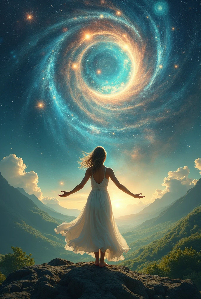 Instagram profile picture depicting a 31-year-old woman weighing 80 kilos, connecting the universe to the earth and a balance