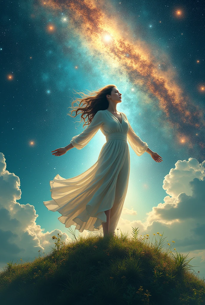 Instagram profile picture depicting a 31-year-old woman weighing 80 kilos, connecting the universe to the earth and a balance