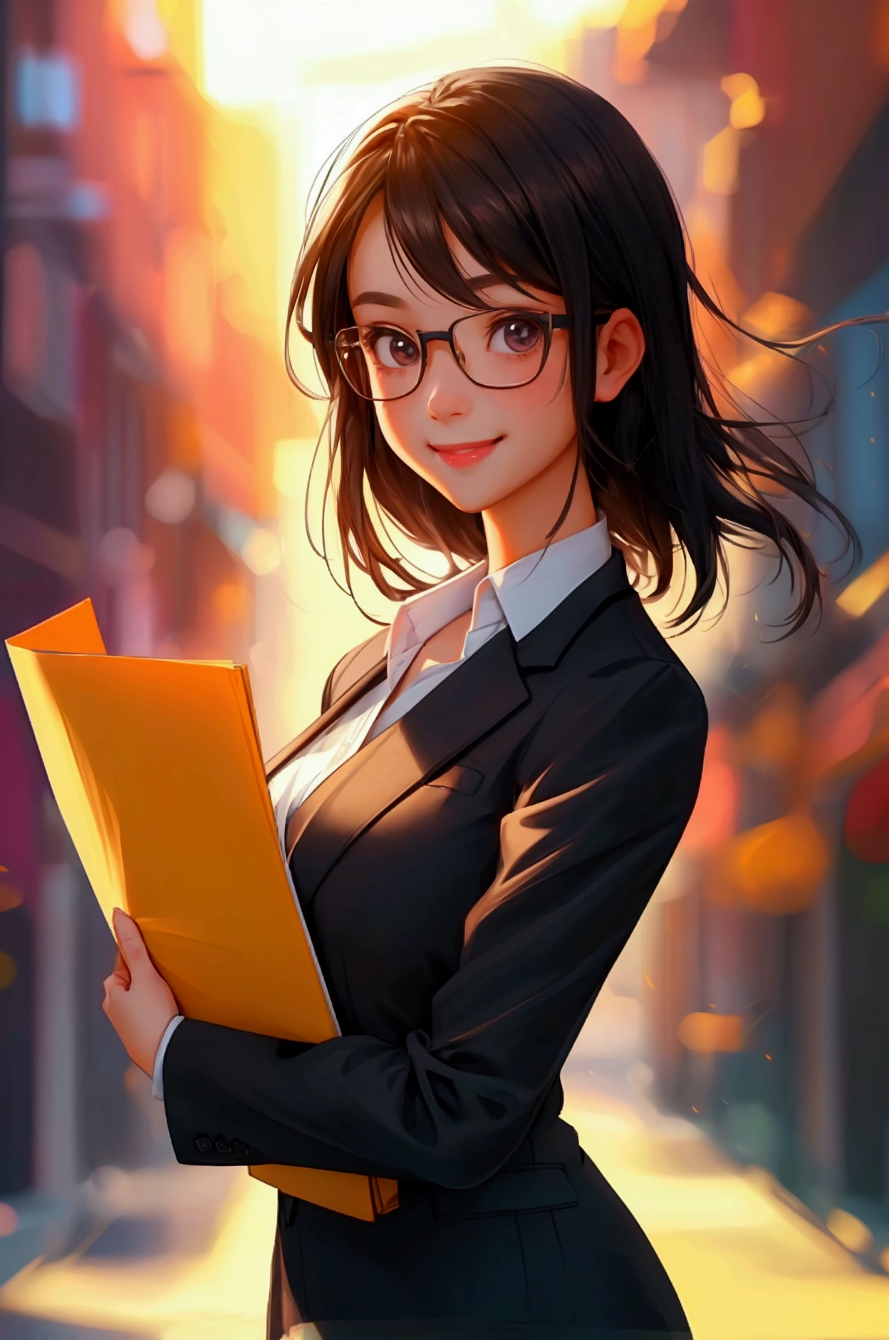 cute girl dressed in business attire. She should be confidently holding a document with a big smile, reflecting excitement and success. full girl character,