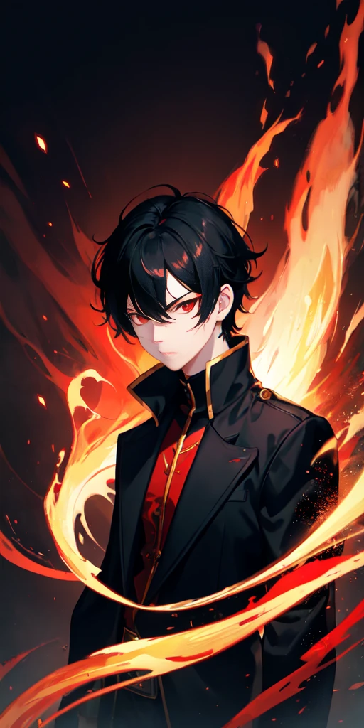 1 Boy, Black Hair, Red Eyes, Fire Witch, Blood, Light Particles, Light, wallpaper, High contrast, rich and colorful,dark,Serious face,