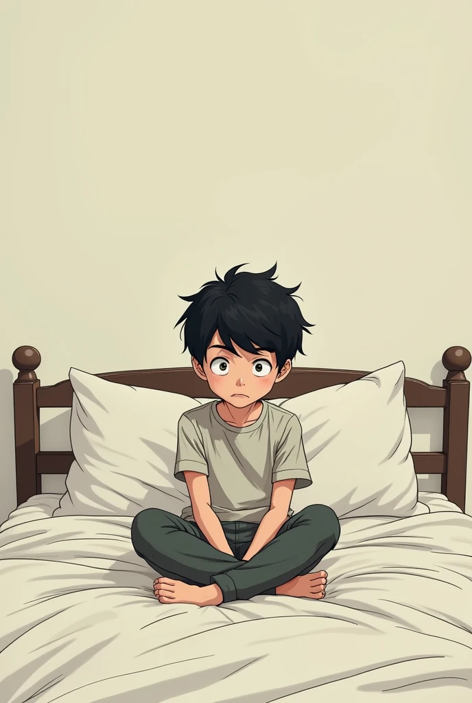 The bored boy gets up from the bed and sits 2D Photo
