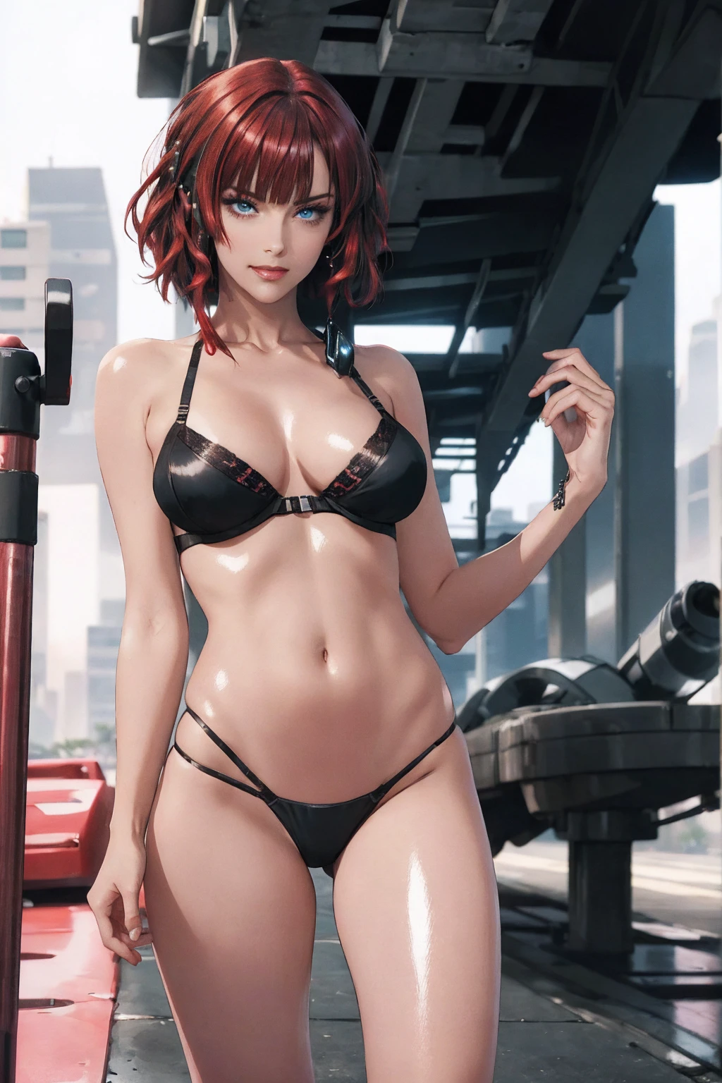 1girl,a beautiful fashion model ,(masterpiece, detailed background, best quality),short and shiny hair, red hair, hair with highlights, bangs, smirk,juicy lips,red lips, calmart, lingerie, stripping, elegant makeup, blue eyes, full body shot, (shiny skin), cyberpunk, sci fi, boa, extravagant jewelry, cocky expression, covered in jewelry, fancy, , bra, thong, stripping, cyberpunk club, (stripper pole), madelyn pryor