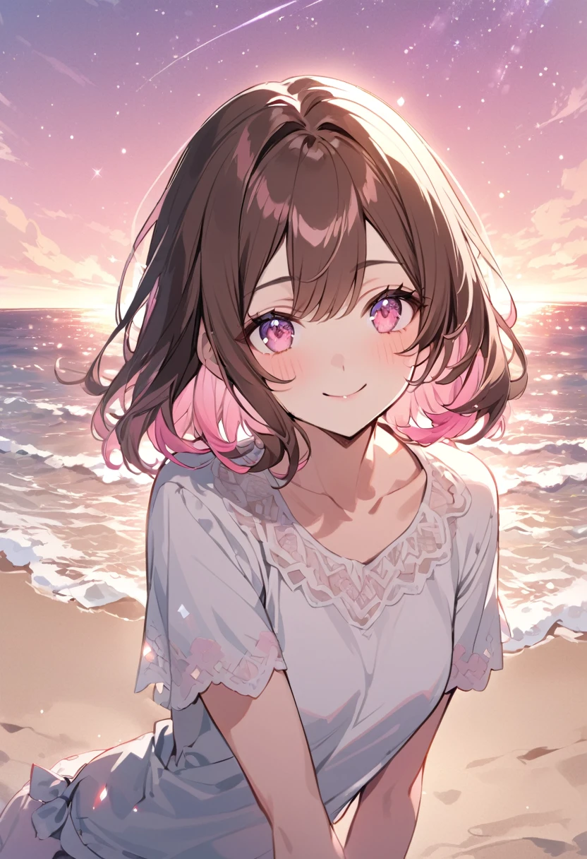 good looking, alone, 1 female, Medium Hair, Brown Hair, Pink highlights on the tips, Pale pink eyes,Smile Facial,Pink starry sky,Short sleeve,Sandy Beach