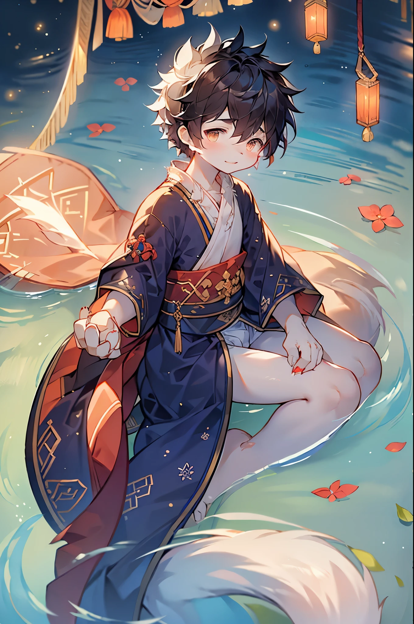 Arav man wearing a straw hat sitting on a boat, cai xukun, Hanfu, Chinese, white Hanfu, Inspired by Border Guardians, Inspired by Liu Jun, Dressed in ancient Chinese costumes,