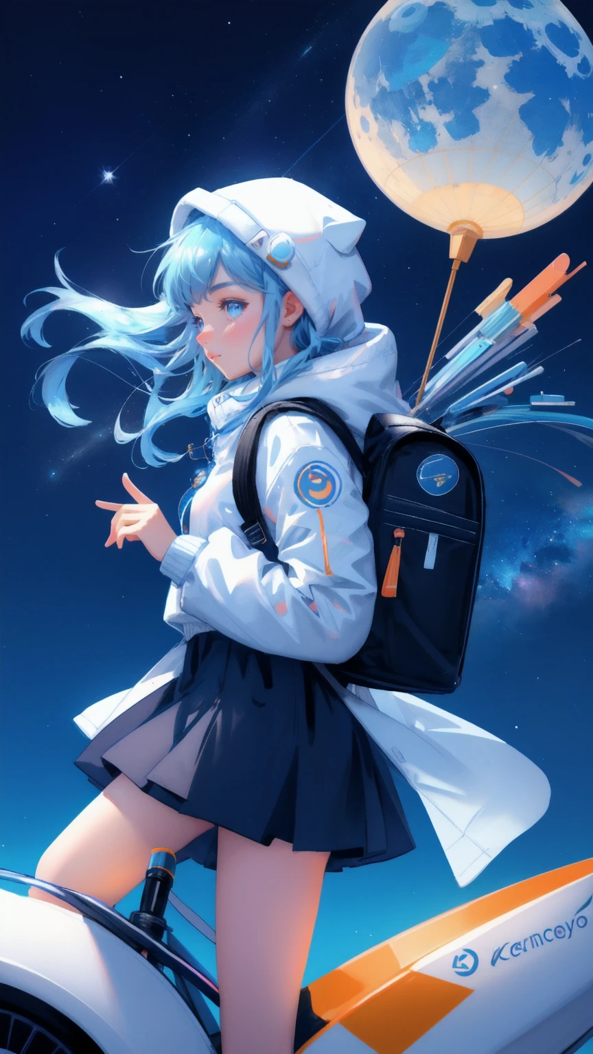 Beautiful, cute girl with a backpack full of cryptocurrencies, riding a colorful rocket over a sparkling ocean, under a big blue moon in space. Bitcoin and Ethereum coins float around her, creating a whimsical and adventurous atmosphere. Keywords: Crypto Winter Survival Kit, blue background