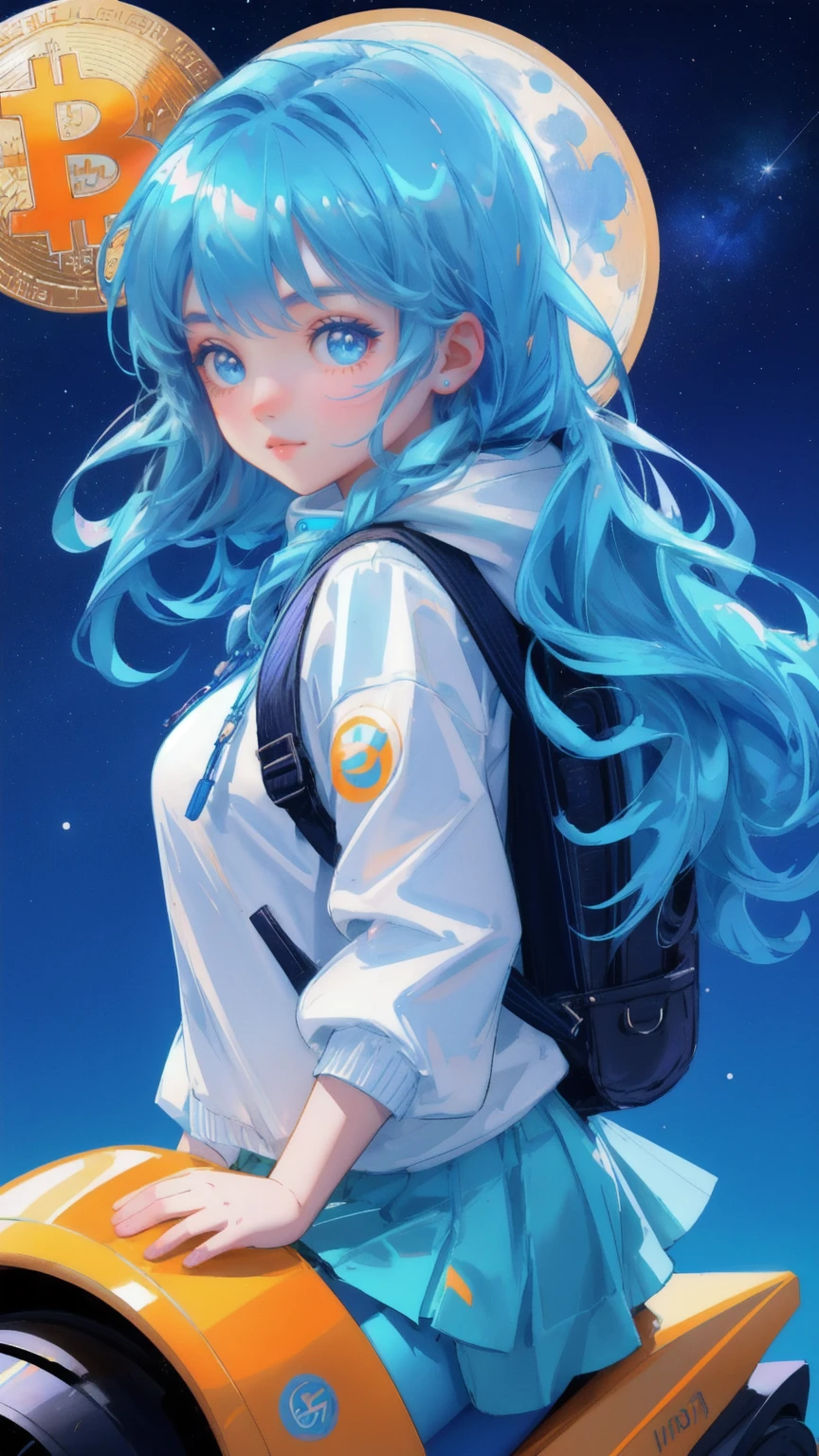 Beautiful, cute girl with a backpack full of cryptocurrencies, riding a colorful rocket over a sparkling ocean, under a big blue moon in space. Bitcoin and Ethereum coins float around her, creating a whimsical and adventurous atmosphere. Keywords: Crypto Winter Survival Kit, blue background