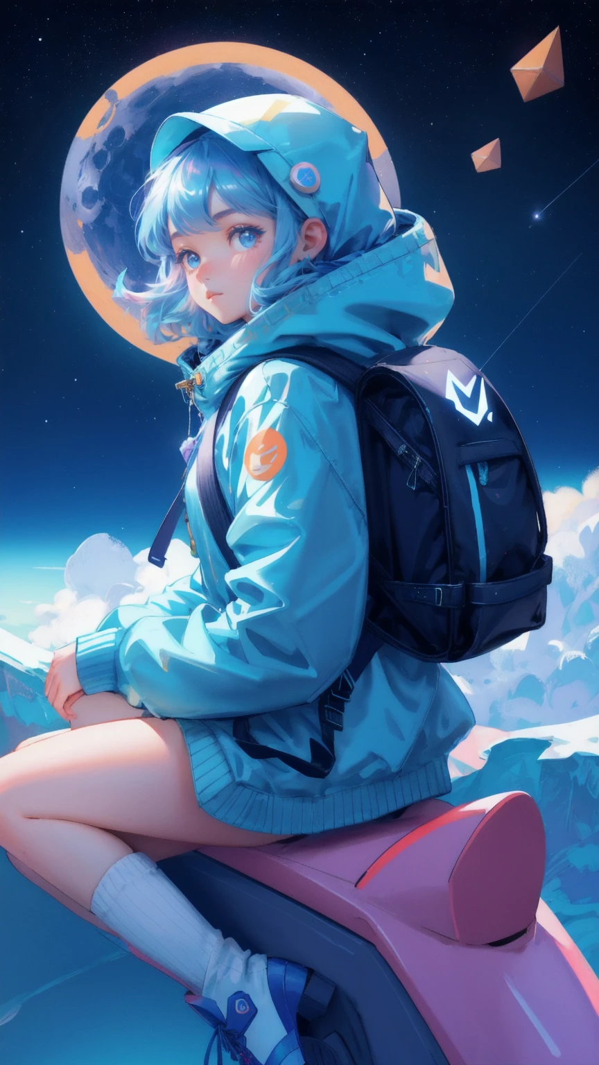 Beautiful, cute girl with a backpack full of cryptocurrencies, riding a colorful rocket over a sparkling ocean, under a big blue moon in space. Bitcoin and Ethereum coins float around her, creating a whimsical and adventurous atmosphere. Keywords: Crypto Winter Survival Kit, blue background