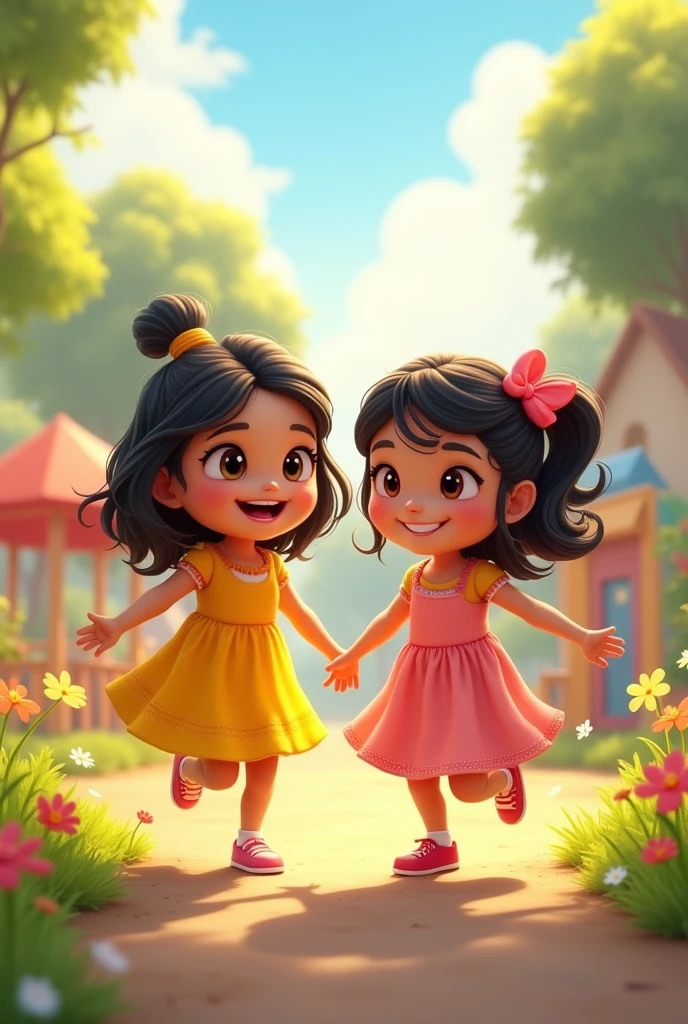 show small girl Ritu with yellow clothes and small girl Riya with pink clothes at the playground on a clear, sunny day. They are happily playing together, showing their joyful faces and reflecting the strength of their friendship.