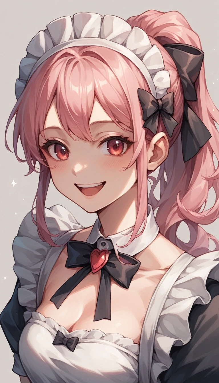 Beautiful and cute woman "I love infinity", Joyful, Happy, Anime illustration,Pink Hair、ponytail、Slender Body、 Beautiful Smile、、Realistic,Maid clothes