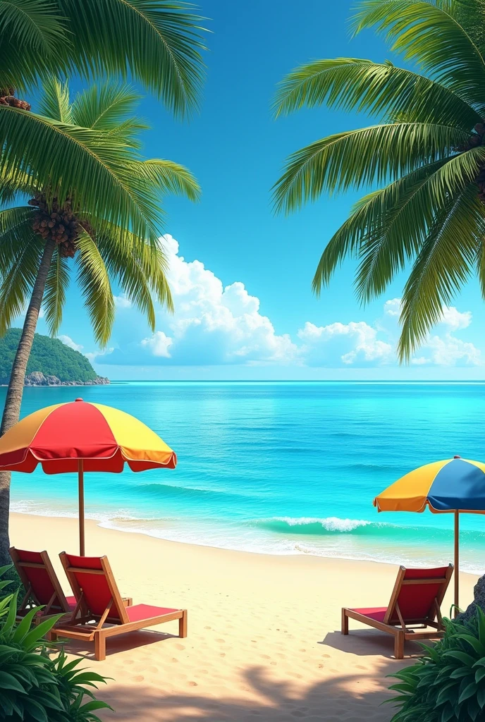 Beautiful beach with umbrellas without people with coconut trees and blue sky