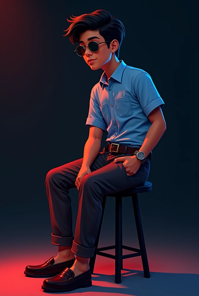 A  tan boy with  black wave hair wearing sunglasses, sky blue short sleeve shirt tucked with dark brown belt, white long trousers and old watch on it and dark brown loafers sitting on black stool and black background red and blue light on it the boy turning right side and seeing right side