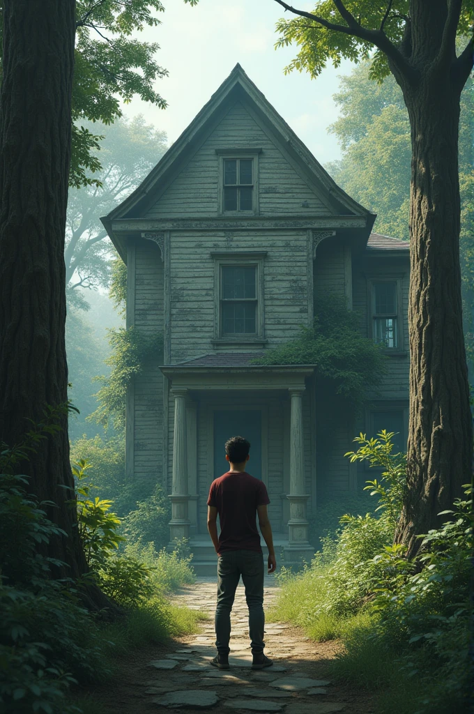 A young engineer Vijay standing outside an old eeri-looking house located on the outskirts of a City surrounded by tall trees and slightly overgrown garden 