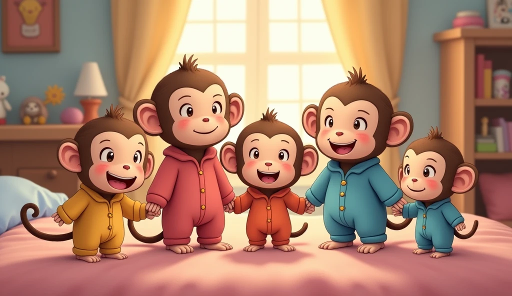 5 fluffy little monkeys, smile, Big eyes, Wear pajamas, Standing on the bed, Children's bedroom, Snes drawing