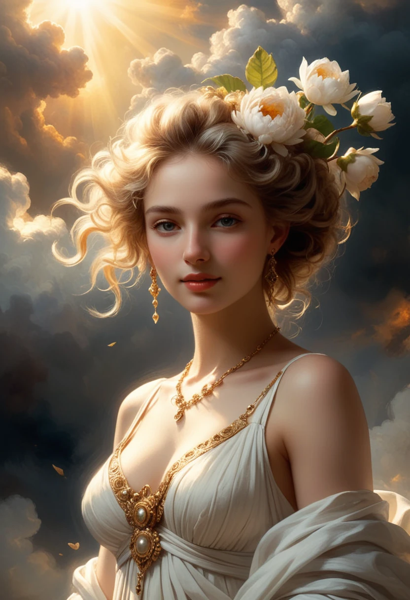 concept art style of "Rembrandt" fantasy setting, overwhelmingly beautiful ancient Roman goddess, symbols of love beauty and fertility, radiant, timeless elegance , Venus, Joyful and Carefree expression, slim, ethereal, supermodel, wearing a slim fitting roman cloth stola white dress , detailed skin, skin pores, detailed face, jewelry, teardrop breasts, celestial, oil painting, intricated skin, realistic, photorealistic, rim lights, dark shadows, cinematic scene BREAK background of heavenly clouds with cherubs
Rembrandt lighting style
. digital artwork, illustrative, painterly, matte painting, highly detailed