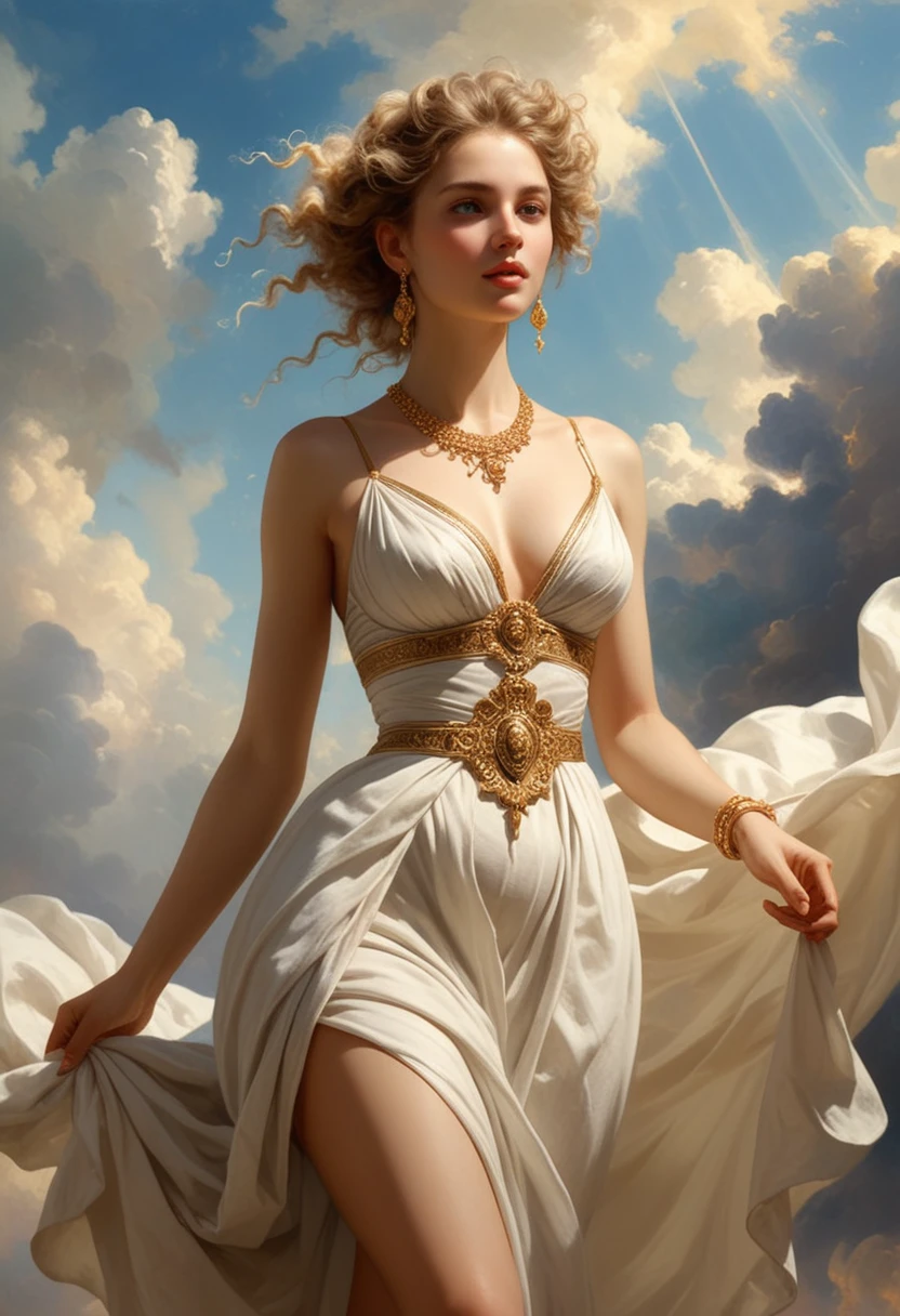 concept art style of "Rembrandt" fantasy setting, overwhelmingly beautiful ancient Roman goddess,  symbols of  love beauty and fertility, radiant, timeless elegance , Venus,  Joyful and Carefree expression, slim,  ethereal, supermodel, wearing a slim fitting roman cloth stola white dress , detailed skin,   skin pores,  detailed face, jewelry, teardrop breasts,  celestial, oil painting, intricated skin, realistic, photorealistic, rim lights, dark shadows, cinematic scene BREAK background of heavenly clouds with cherubs
Rembrandt lighting style
 . digital artwork, illustrative, painterly, matte painting, highly detailed