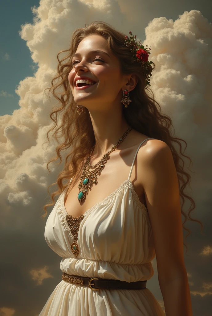 concept art style of "Rembrandt" fantasy setting, overwhelmingly beautiful ancient Roman goddess,  symbols of  love beauty and fertility, radiant, timeless elegance , Venus,  Joyful and Carefree expression, slim,  ethereal, supermodel, wearing a slim fitting roman cloth stola white dress , detailed skin,   skin pores,  detailed face, jewelry, teardrop breasts,  celestial, oil painting, intricated skin, realistic, photorealistic, rim lights, dark shadows, cinematic scene BREAK background of heavenly clouds with cherubs
Rembrandt lighting style
 . digital artwork, illustrative, painterly, matte painting, highly detailed