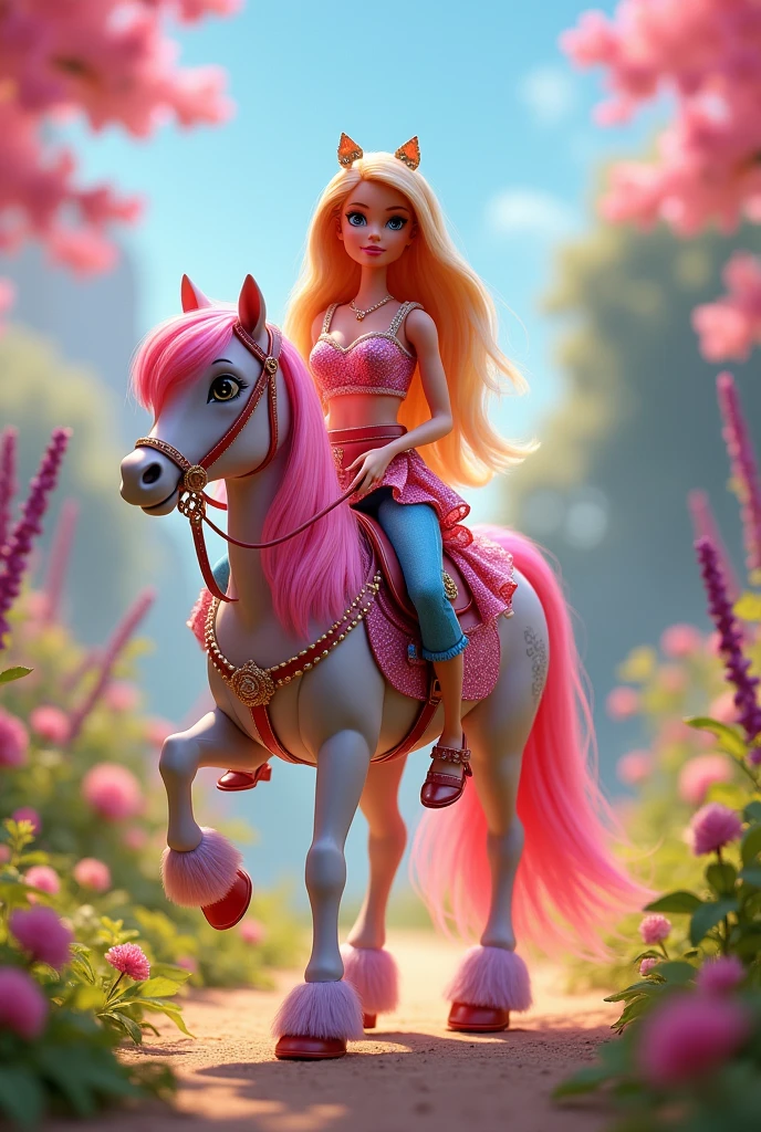 Barbie rides a pony from My Little Pony 
