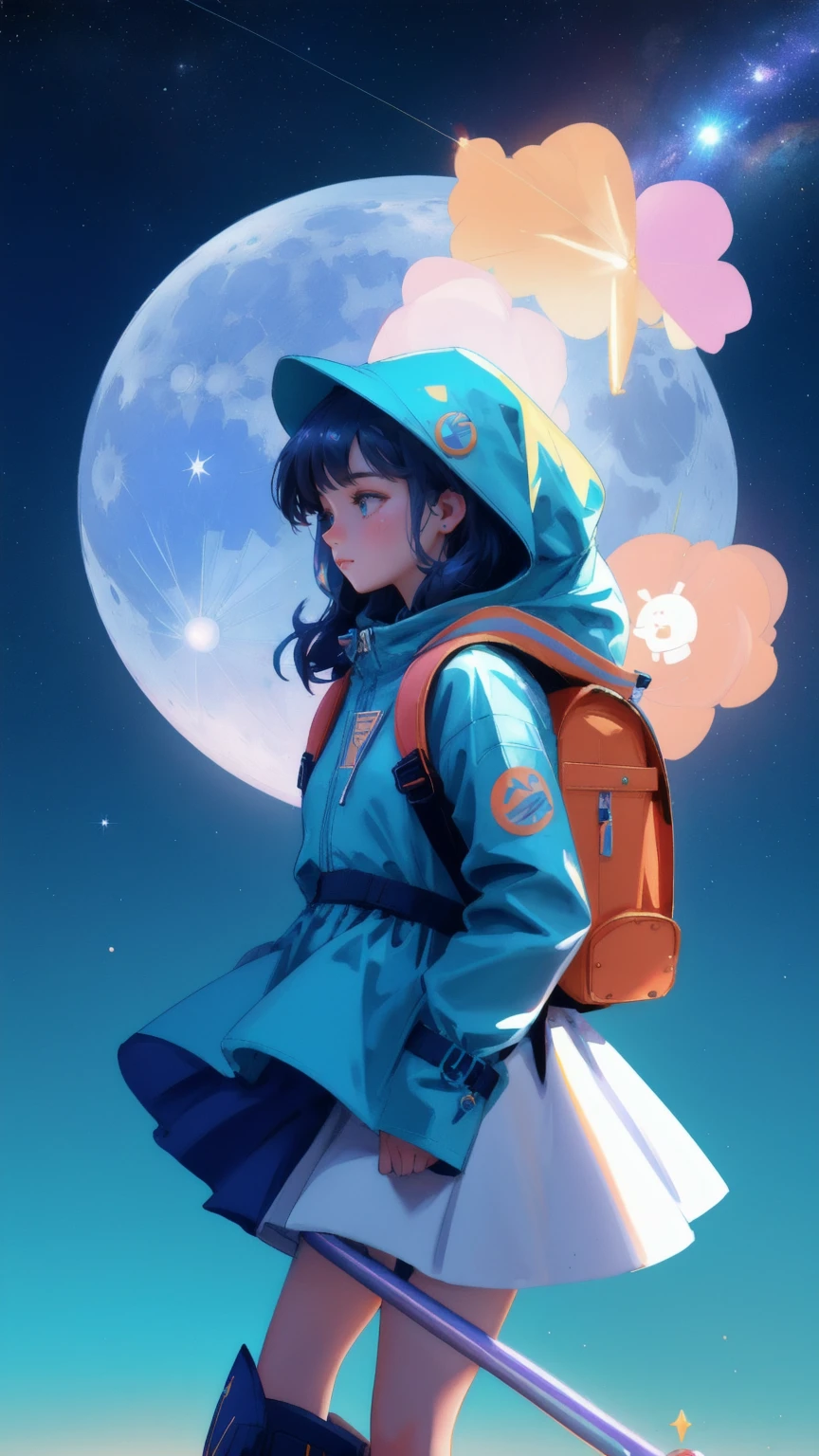 A beautiful, cute girl with a backpack full of cryptocurrencies riding a colorful rocket over a sparkling ocean, under a big blue moon in space. Bitcoin and Ethereum coins float around her as she joyfully embarks on an adventure. Keywords: Moon Lander, blue background.