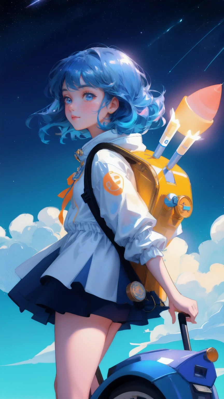 A beautiful, cute girl with a backpack full of cryptocurrencies riding a colorful rocket over a sparkling ocean, under a big blue moon in space. Bitcoin and Ethereum coins float around her as she joyfully embarks on an adventure. Keywords: Moon Lander, blue background.
