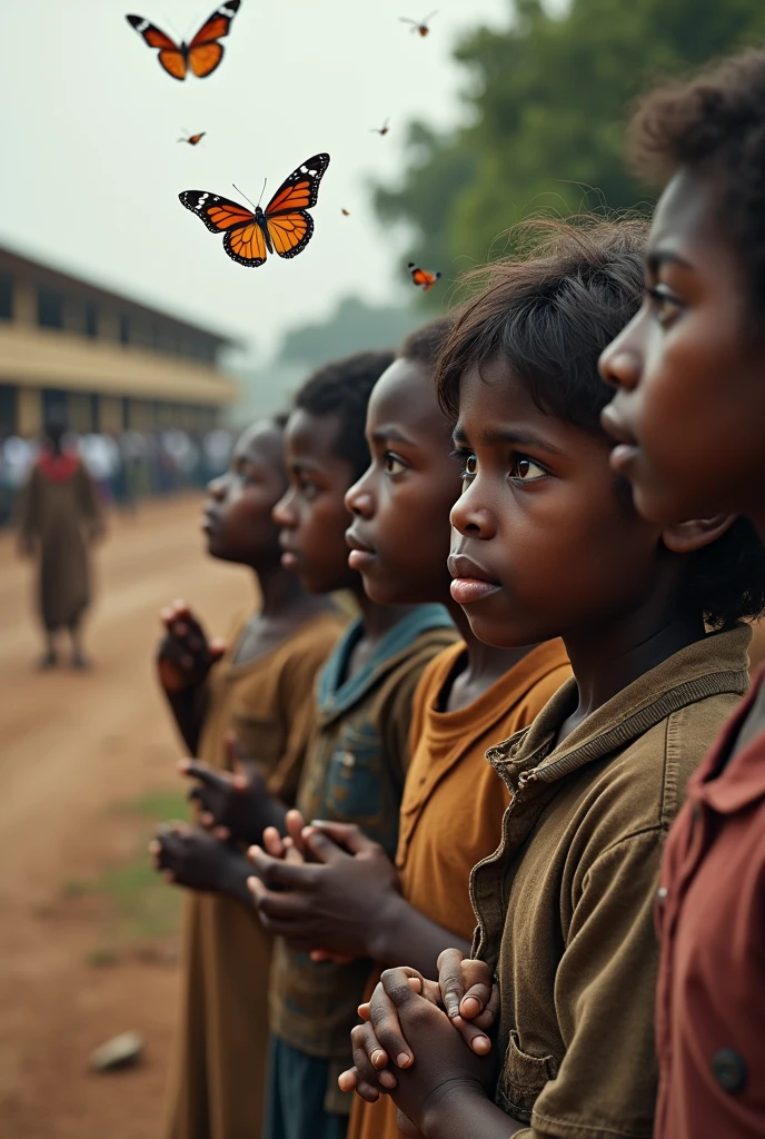 "Create an image of poor roadside children in torn clothes peering over a school compound wall, watching with hope as students inside stand in a morning prayer session. The poor children's faces should reflect longing and aspiration for education. Colorful butterflies should be flying around them, adding a touch of hope and beauty to the scene. The contrast between the children's tattered clothing and the well-dressed, prayerful school students should highlight the theme of aspiration and hope for a better future."