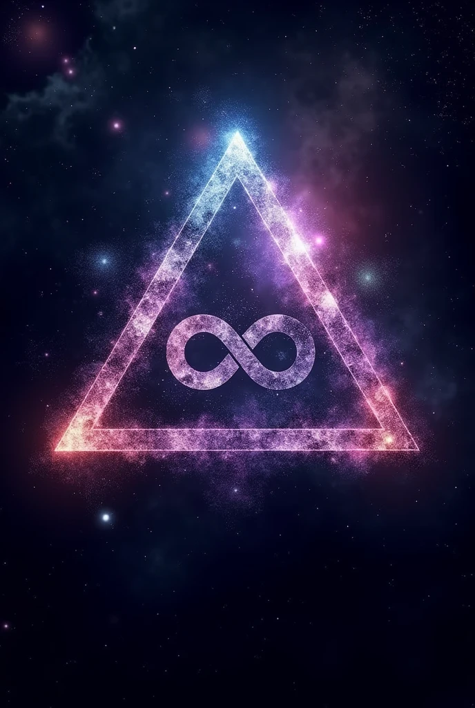 "Create a logo with the text 'Charles Souza' in a bold, futuristic font. The theme should be the cosmic universe, with a background of stars, galaxies and cosmic dust. At the center, include an inverted triangle with the infinity symbol (♾️) Inside him. the color palette should be dark, featuring bright purple and blue tones, giving a mystical and celestial touch to the design." image ultra realistic "8k"