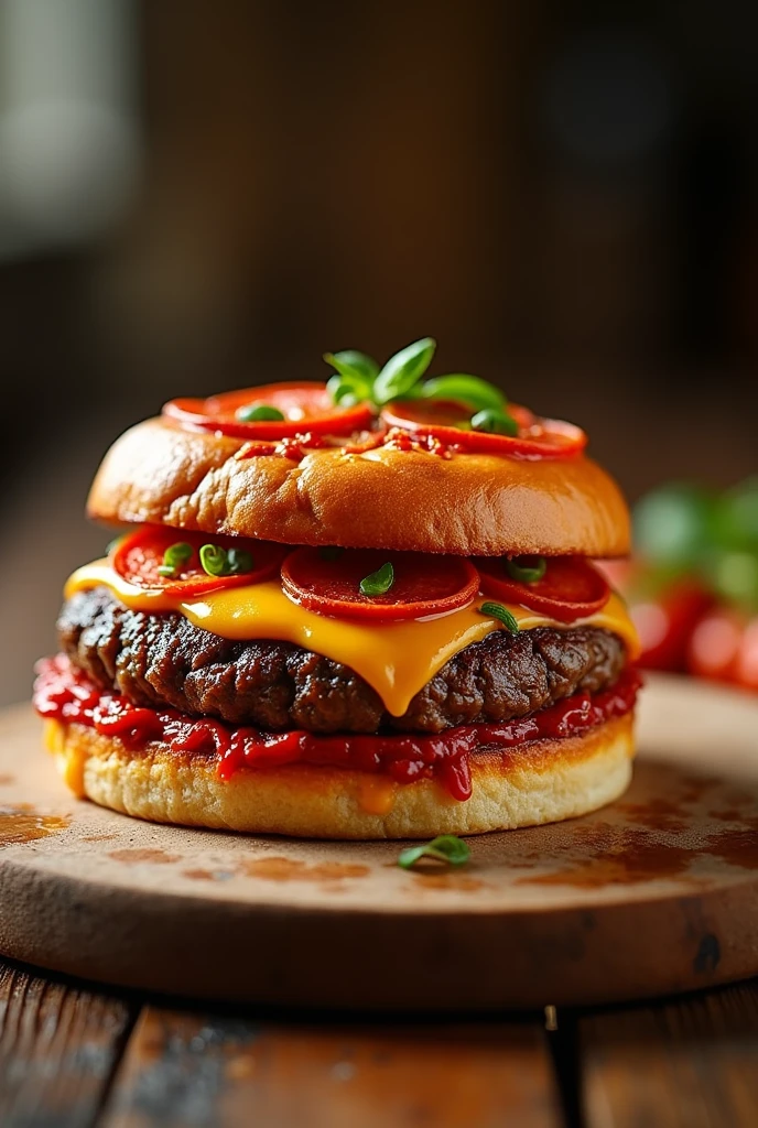 Create a pizza with a patty of burger and keep paperony on the top of the burger