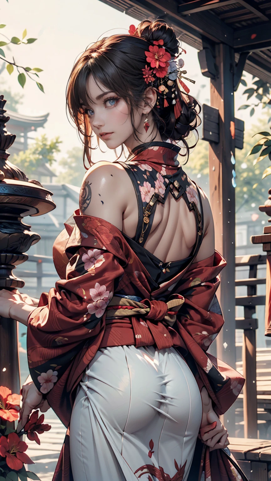 masterpiece, Highest quality, Highest quality, Official Art, beautifully、aesthetic:1.2),One person, tattoo, alone, kimono, Red and black kimono, hair ornaments, unsheathing, Black Hair, sheath, back tattoo, dragon tattoo, blue eyes, Off the shoulder, Exposing shoulders, Recall, From behind, flower, View your viewers, Holding, compensate, Outdoor,