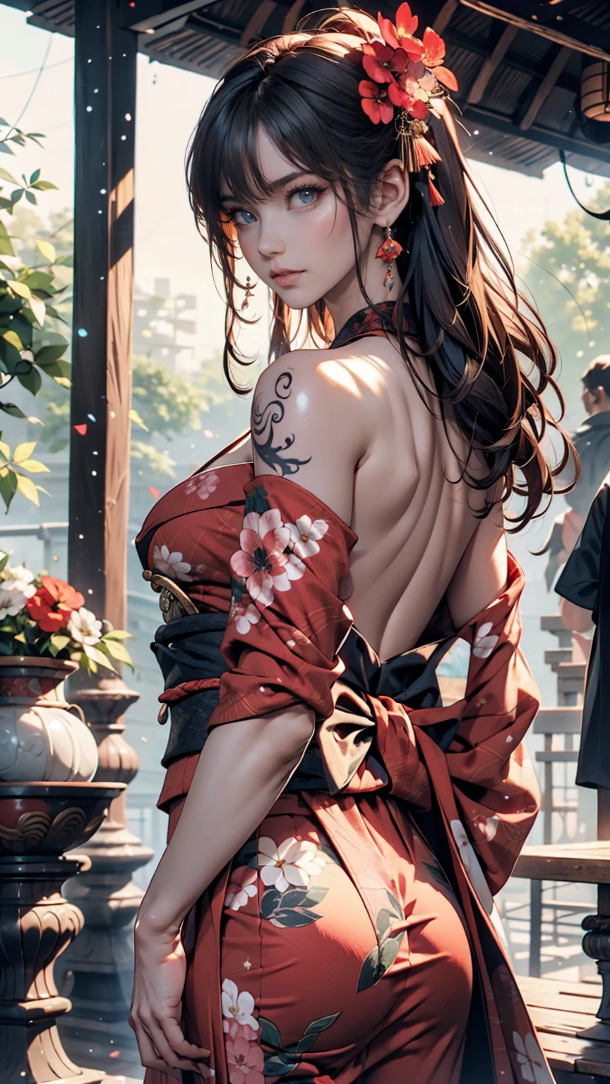 masterpiece, Highest quality, Highest quality, Official Art, beautifully、aesthetic:1.2),One person, tattoo, alone, kimono, Red and black kimono, hair ornaments, unsheathing, Black Hair, sheath, back tattoo, dragon tattoo, blue eyes, Off the shoulder, Exposing shoulders, Recall, From behind, flower, View your viewers, Holding, compensate, Outdoor,