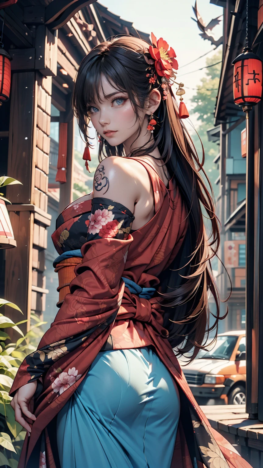 masterpiece, Highest quality, Highest quality, Official Art, beautifully、aesthetic:1.2),One person, tattoo, alone, kimono, Red and black kimono, hair ornaments, unsheathing, Black Hair, sheath, back tattoo, dragon tattoo, blue eyes, Off the shoulder, Exposing shoulders, Recall, From behind, flower, View your viewers, Holding, compensate, Outdoor,