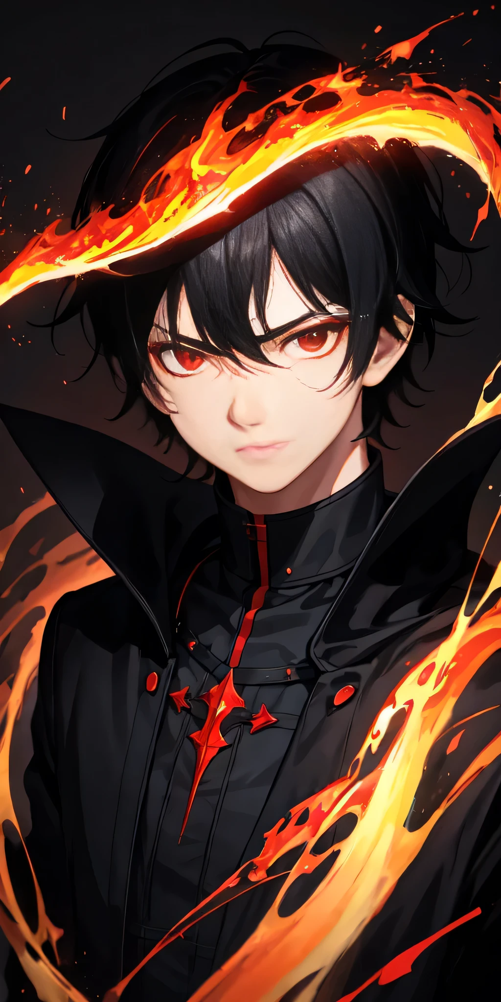 1 Boy, Black Hair, Red Eyes, Fire Witch, Blood, Light Particles, Light, wallpaper, High contrast, rich and colorful,dark,Serious face,