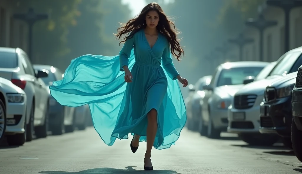 A beautiful 24 year old girl named Shreyaa is wearing a sky blue frock and is running away from a car parking
