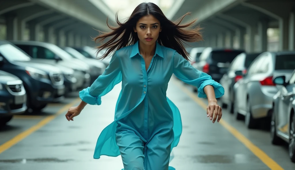 A beautiful 24 year old girl named Shreyaa is wearing a sky blue frock and is running away from a car parking