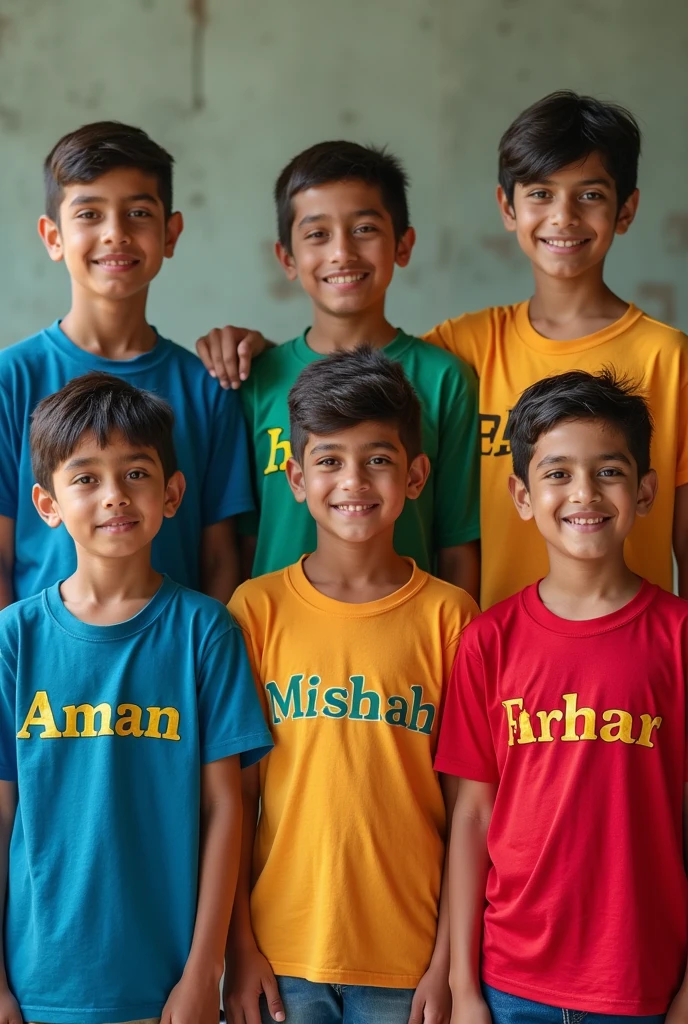 There are five boys and all five are wearing different colored clothes and the name of the first is Aman and the name of the second is zeeshan and clearly view and the name of the third is Misbah and the name of the fourth is Farhan and the name of the fifth is Anas written on the full t shirt and  full background and all photos clearly view and name is correct on full view in shirt