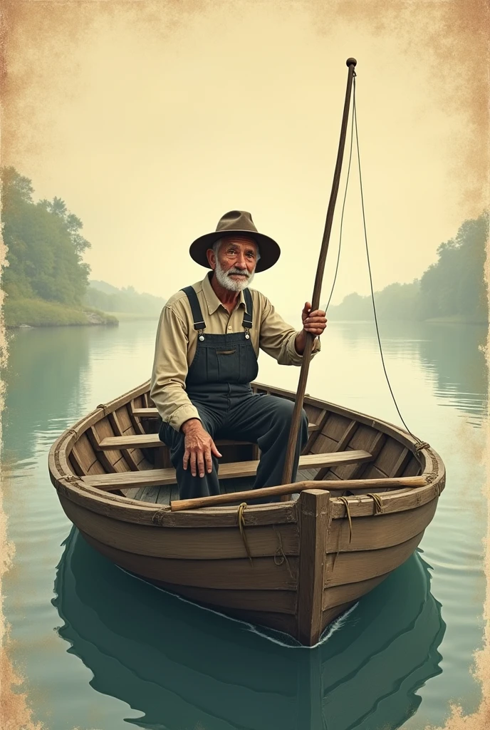 A retro illustration of a fisherman in a wooden boat, with an old poster style and faded colors.