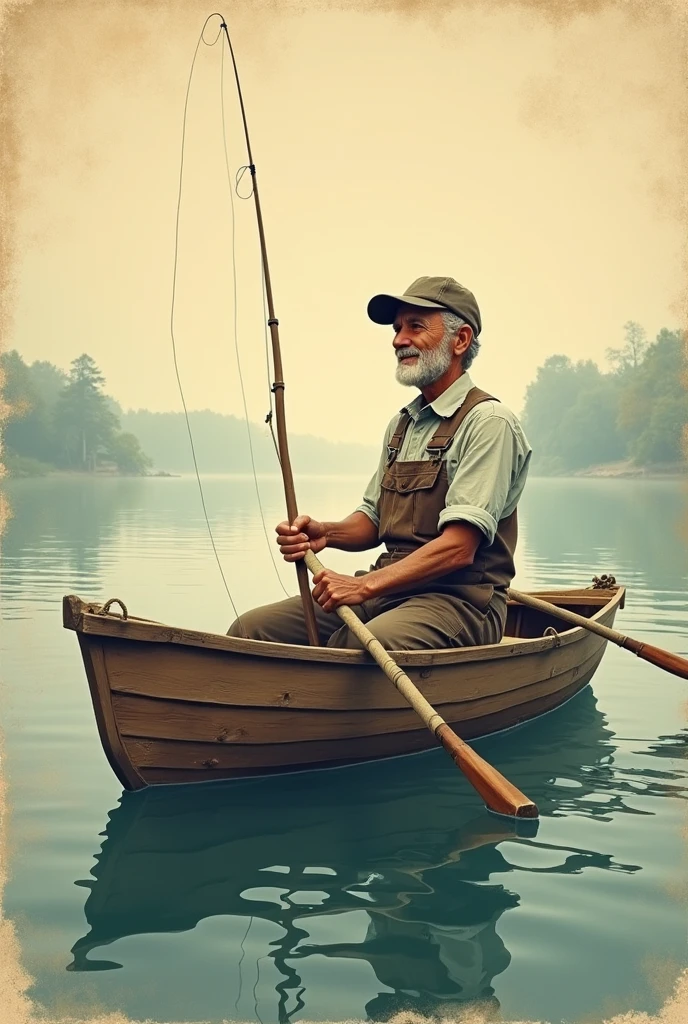 A retro illustration of a fisherman in a wooden boat, with an old poster style and faded colors.