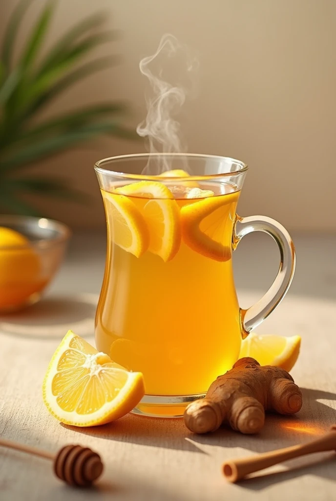 A glass of ginger tea with lemon slices and honey.