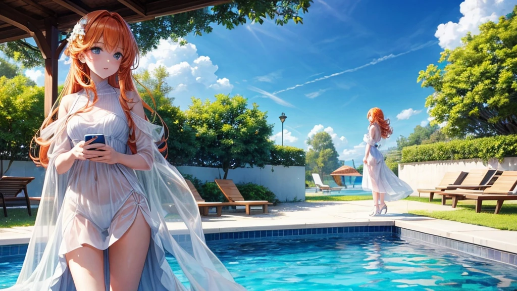 Center of chest, Wearing a sheer white dress, Have a smartphone, Standing by the pool, Long Orange Hair, Amazing blue eyes, sunny day, blue sky.