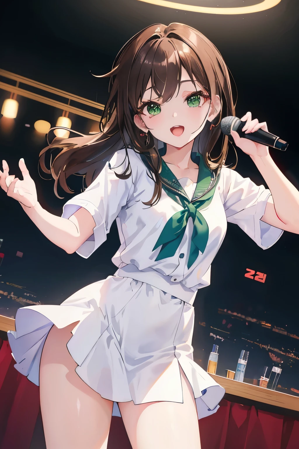 ((masterpiece, Highest quality, High resolution, 超High resolution, Pixel perfect, Written boundary depth, 4K, RTTX 10.0, High resolution))), 1 person, single, alone, Beautiful Anime, Beautiful art style, Anime characters, ((Shortcuts, bangs, Dark brown hair)), ((Green Eyes:1.4, Round eyes, Beautiful eyelashes, current eyes)), ((Smooth texture:0.75, Anime CG style)), ((Dynamic Angle, close)), Perfect body, (cute), Normal chest, whole body, ((4K, 8k, Highest quality, Perfect Fingers: 1.3, Perfect Anatomy: 1.3, Background Blur)), whole bodyアングル, Illustration of a person singing karaoke。Characters in casual clothes、With a microphone in his hand、Singing happily。her face is lively。In the background is the bright lights of a karaoke room.。Drinks and snacks are on the table。