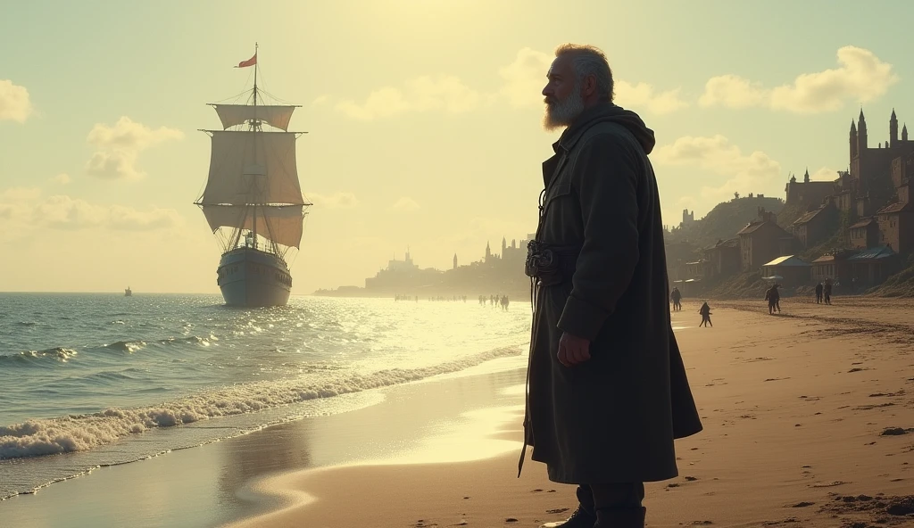 John White standing on the shoreline, looking back at the settlement with a heavy heart, as a ship waits in the background ready to depart, with a sense of urgency in the air.