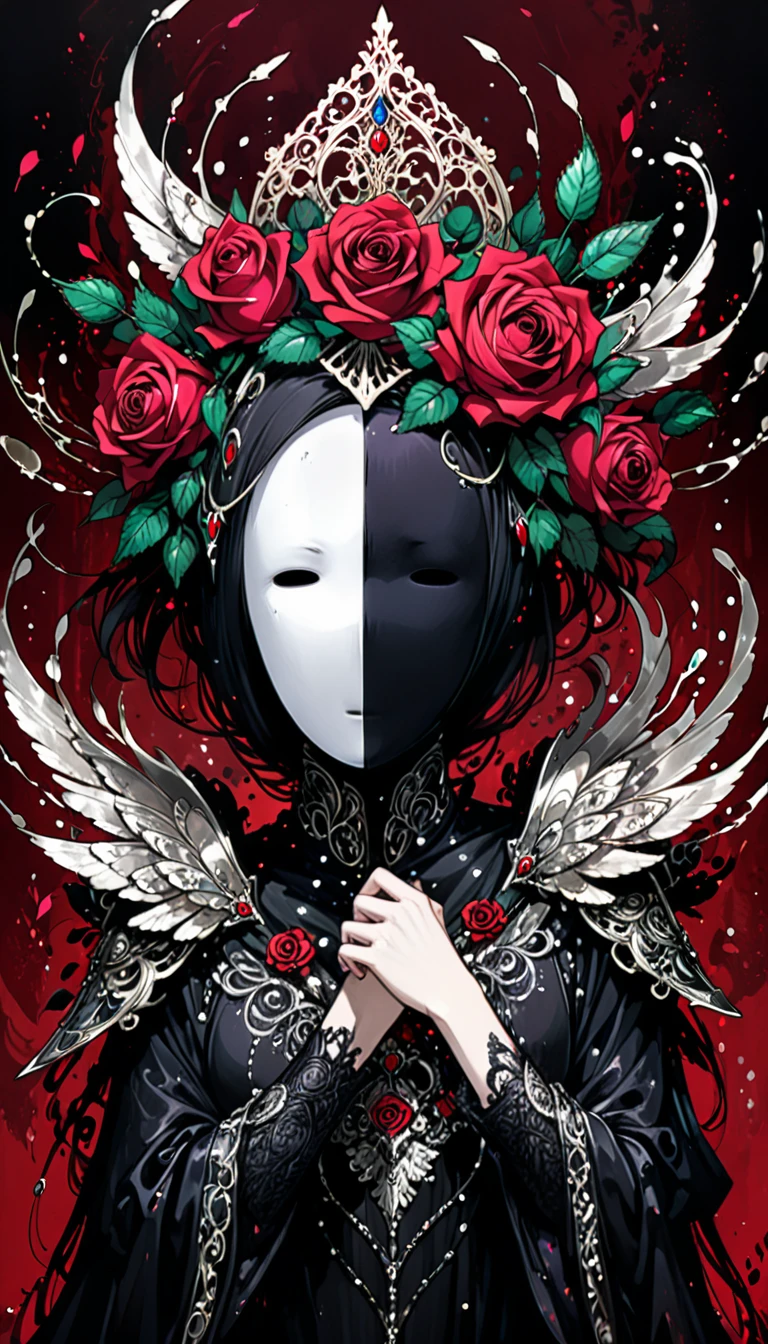 in style of Harry Clarke,character concept design,half body, (ROSE HEAD:1.5) (no face:2.0) paladin,angry,crazy smile，fighting pose，Magic Effects，Metallic details，Red tone，Unknown background，perfect hands,Core Art，The art of spray painting，Splash Art